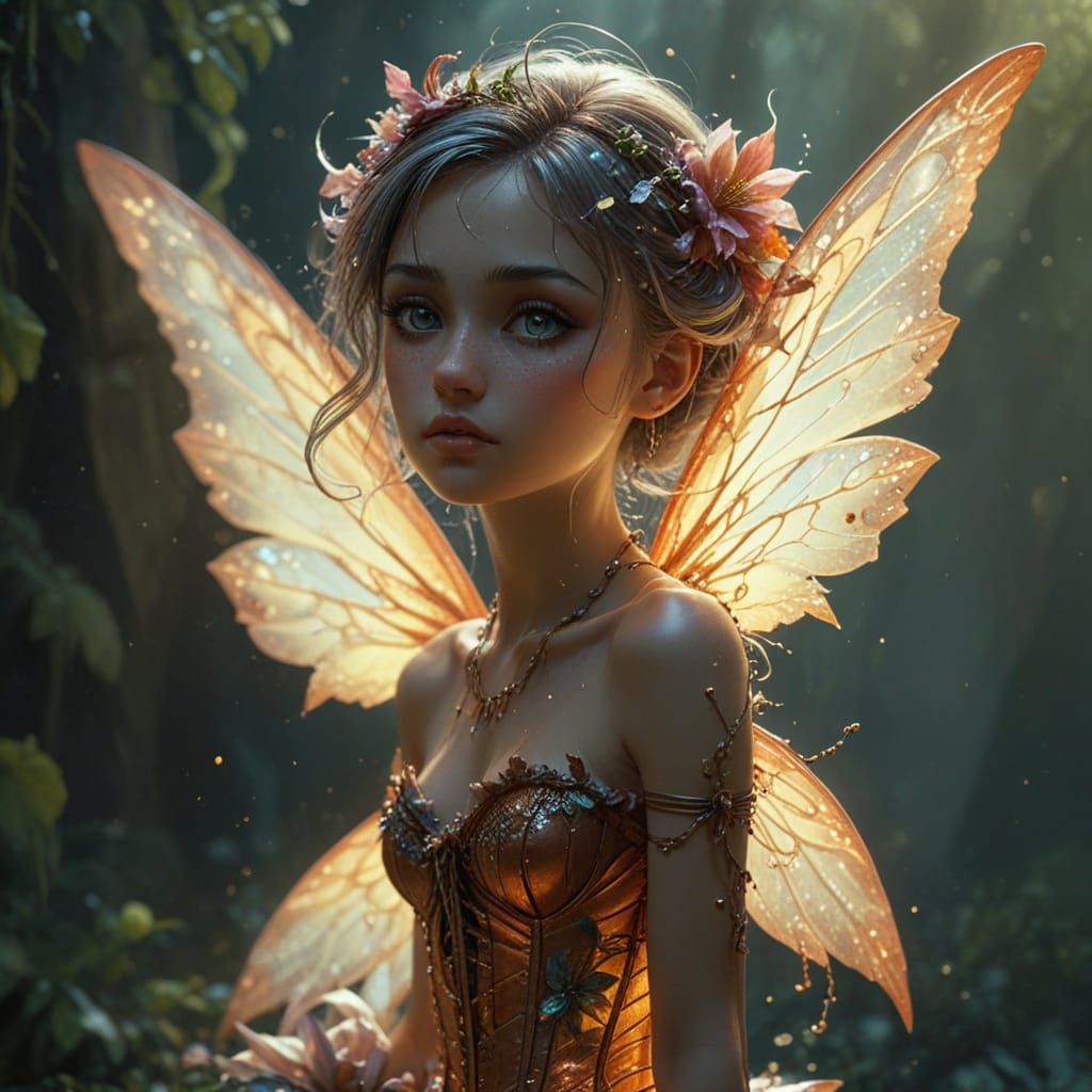Ethereal Fairy in Corset Leaf Dress with Shimmering Wings