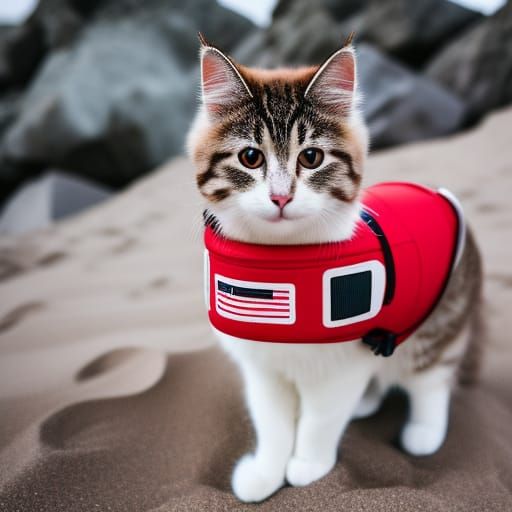 Fluffy Cat Lifeguard on Duty: Professional Beach Photography