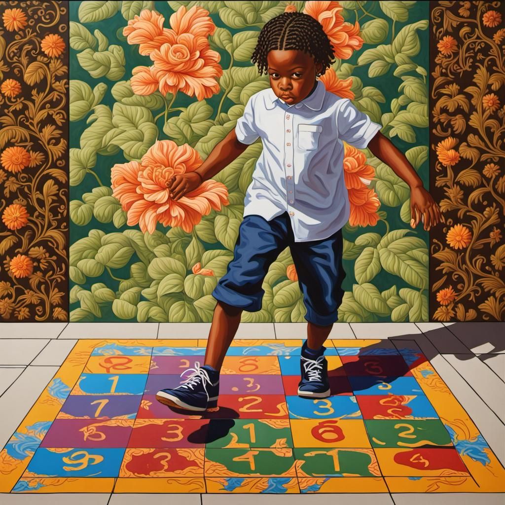 Child Playing Hopscotch in Contemporary Portrait Style