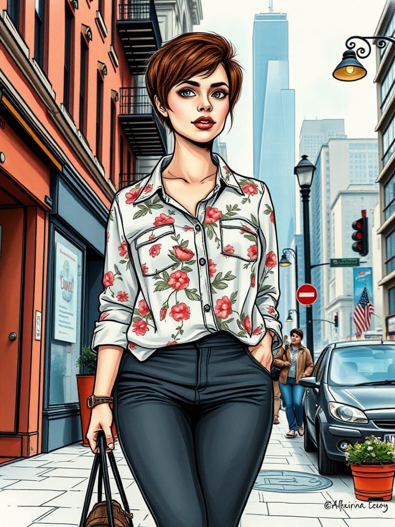 Brunette Woman in Cozy City, Detailed Ink Painting