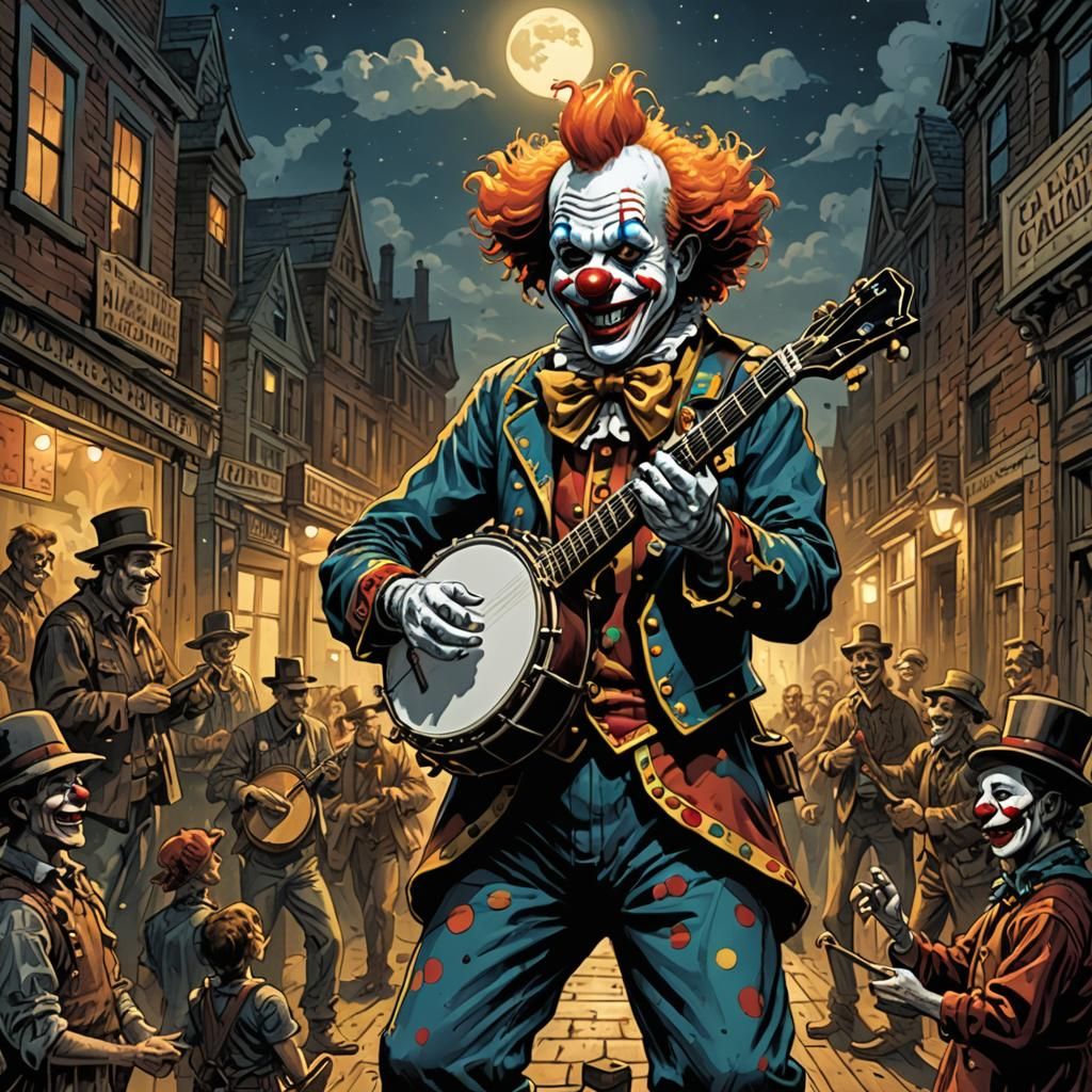 Clown Playing Banjo in Comic Book Art Style