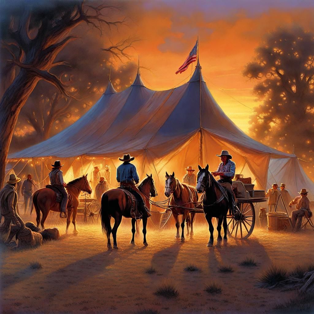 Cowboy Revival Meeting at Sunset: Detailed Matte Painting