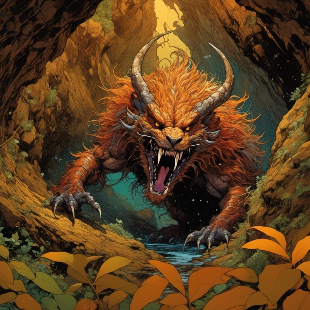 Vibrant Monster Emerges from Cave in Dark Fantasy Illustrati...