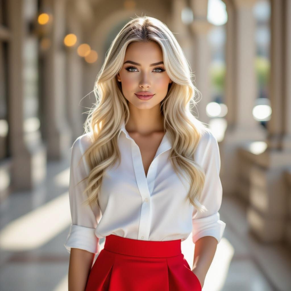 Stylish Young Woman in Red Skirt, Editorial Fashion Portrait