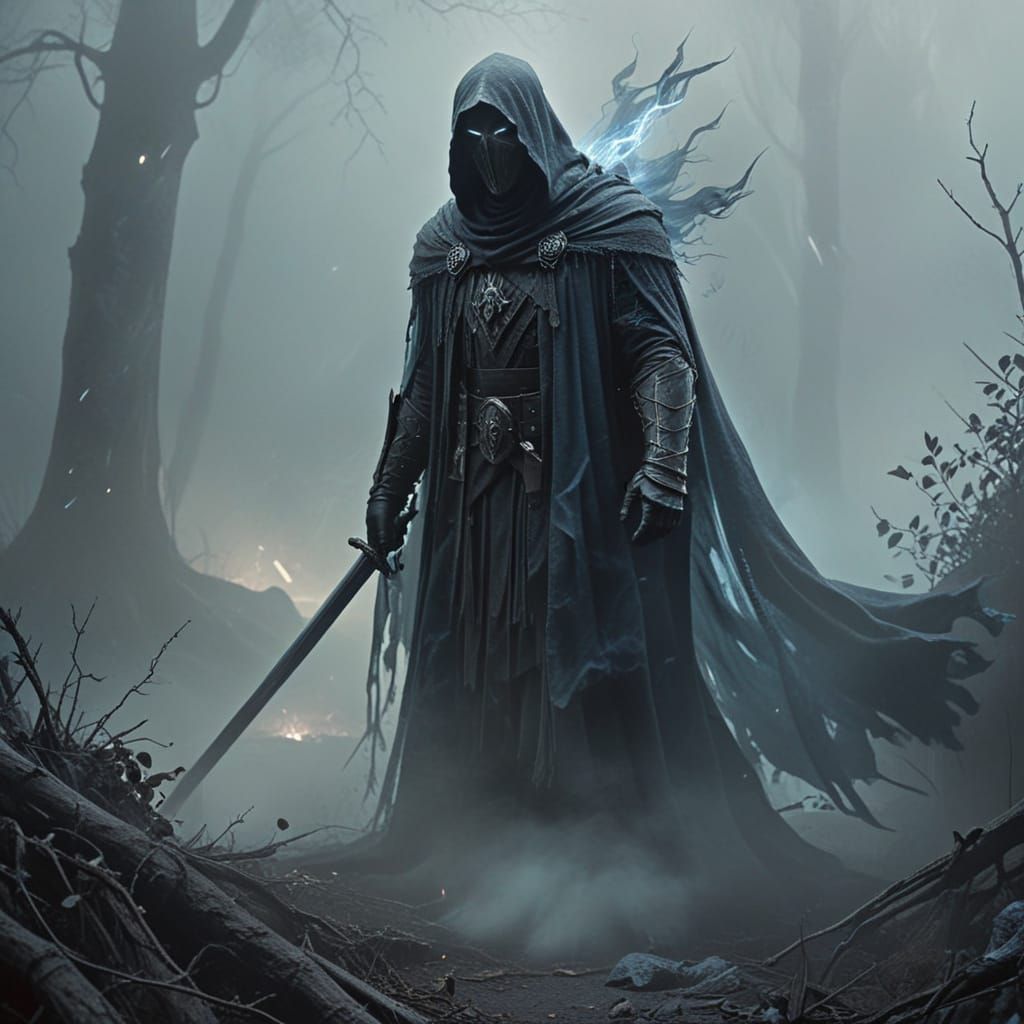 Ethereal Warrior Emerges from Dark Mist