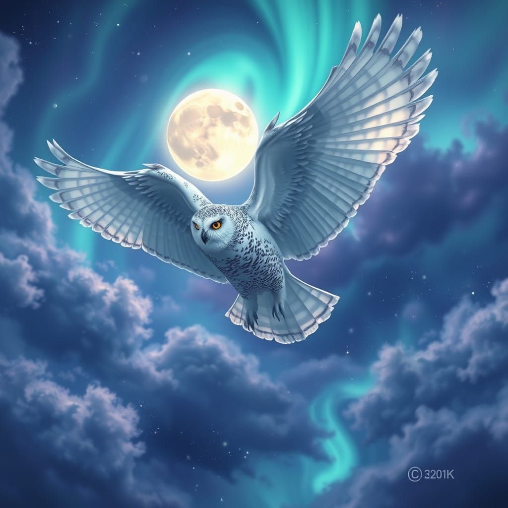 Majestic Snow Owl Soars Through Mystical, Moonlit Sky