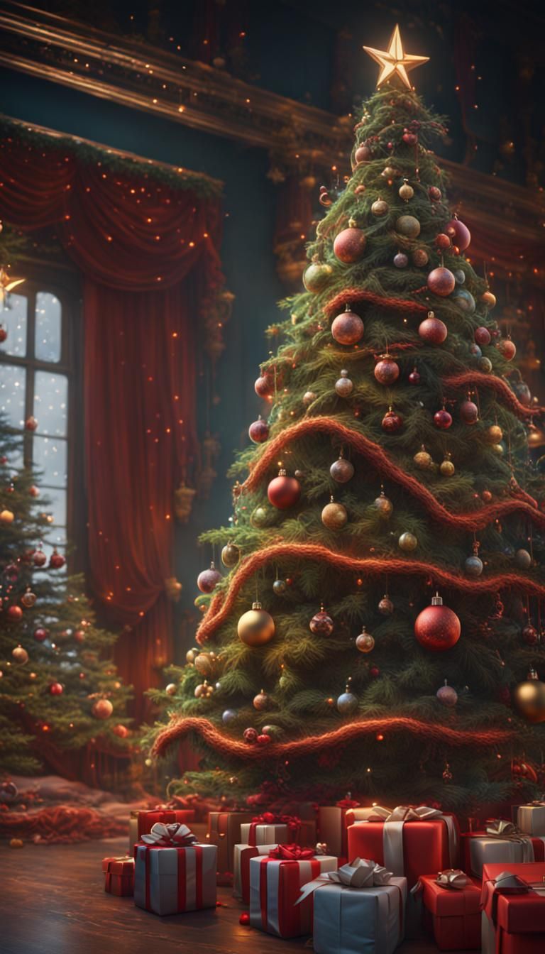 Christmas Tree Decorations: Detailed Matte Painting in 8k