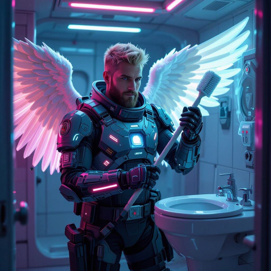 Cyberpunk Space Ranger Cleans Futuristic Bathroom