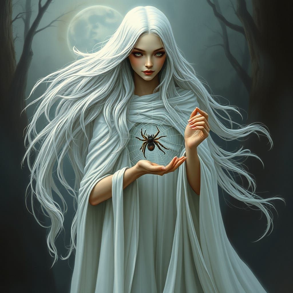 Elegant Aditu with White Locks and Raven Tresses Holding a S...