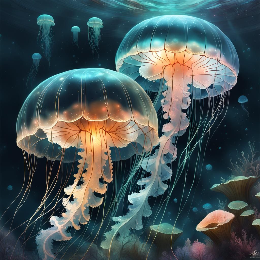 Glittering Bioluminescent Jellyfish in Soft Neon Lighting