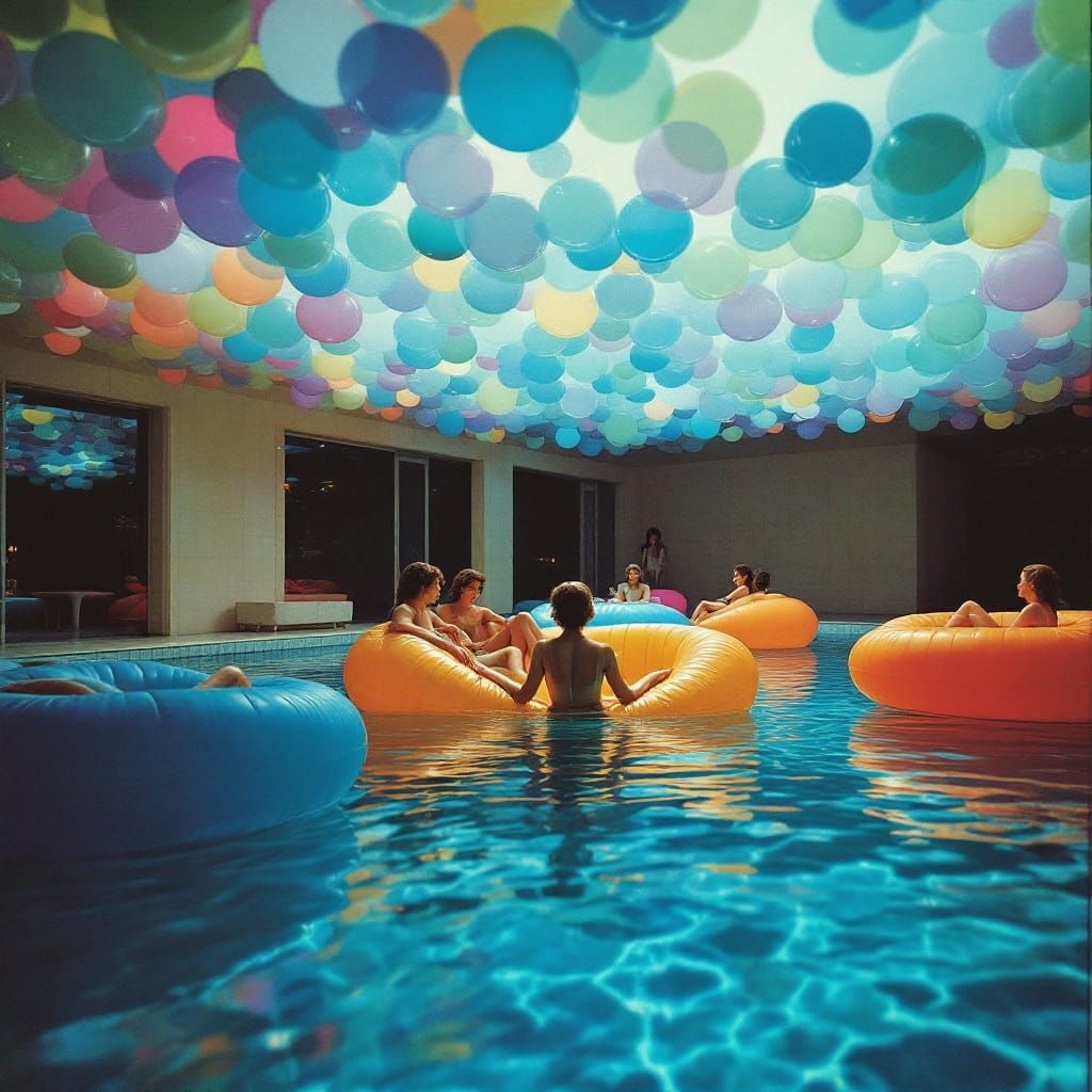 Vibrant 1960s Swimming Pool Scene with Retro Panton's Design