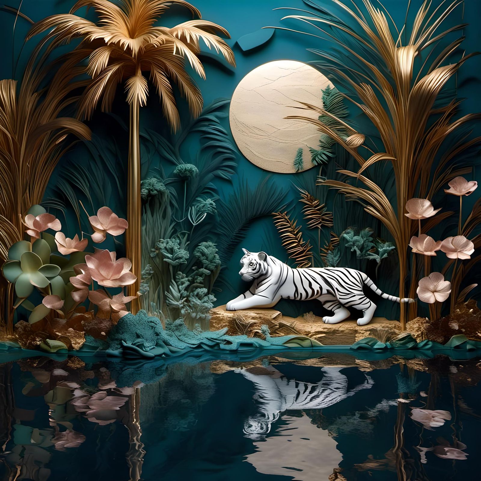 Surreal Moonlit Garden with White Tiger in Bas Relief