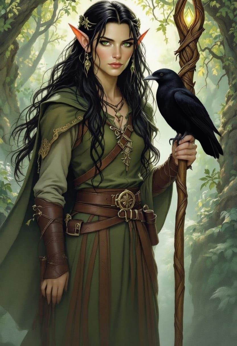 Wood Elf Druid with Ornate Staff in Traveling Clothes