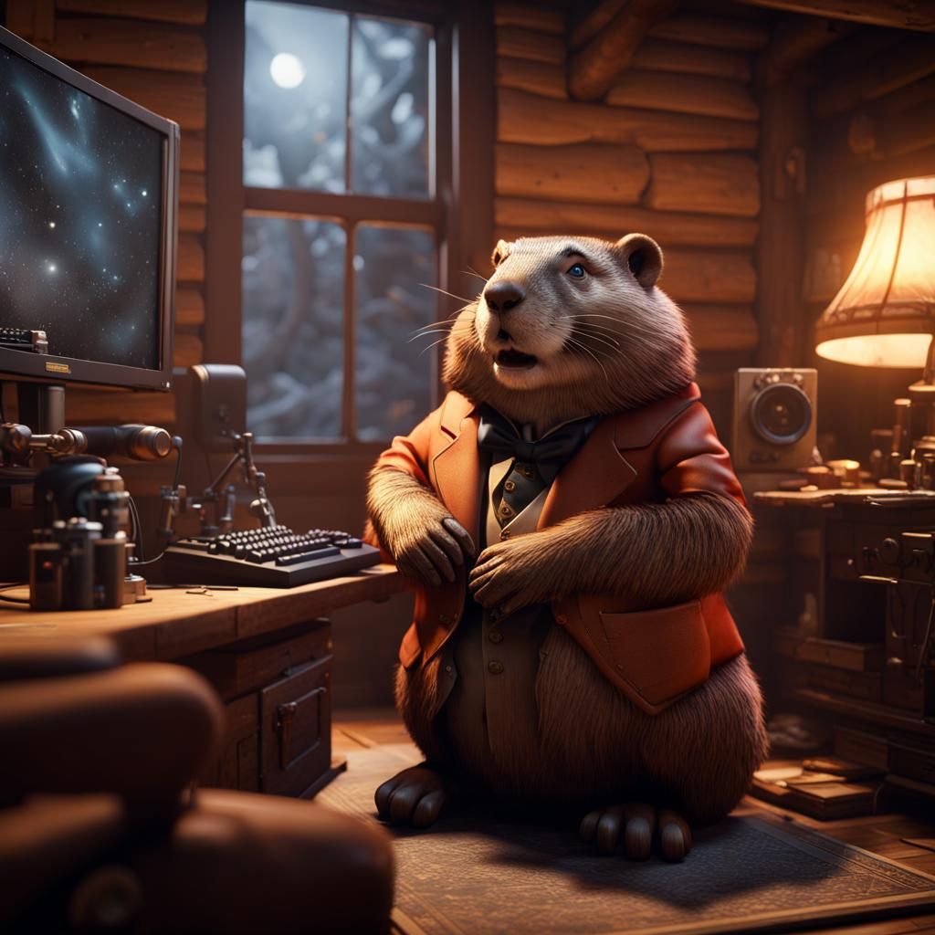 Punxsutawney Phil sitting in his den gaming PC set up room Video games