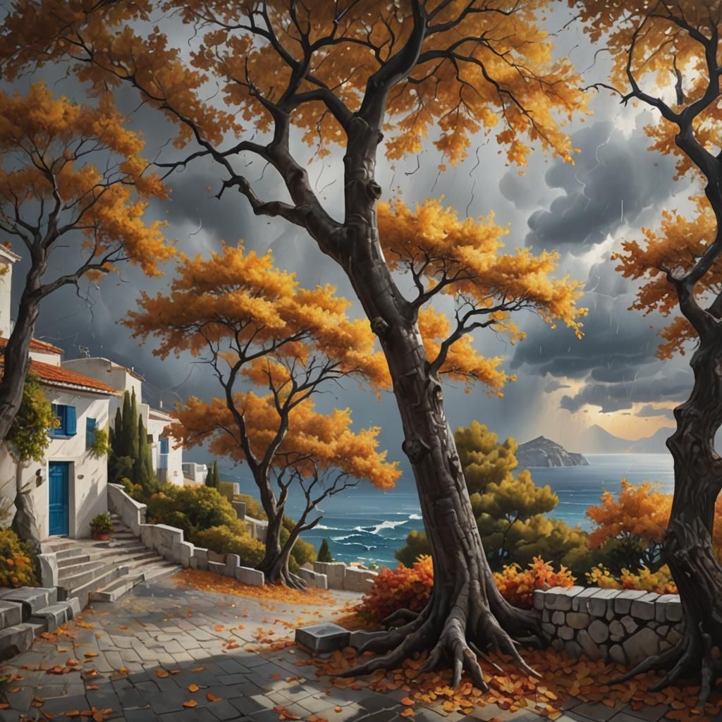 Stormy Greek Village Seaside Landscape in Oil Painting Style