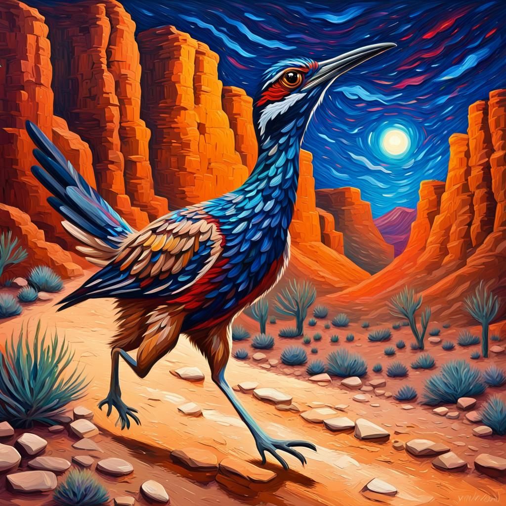 Roadrunner in Desert Canyon, Impasto Oil Painting