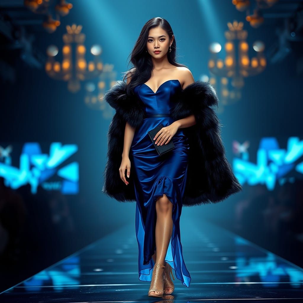 Asian Model in Blue Dress on Catwalk