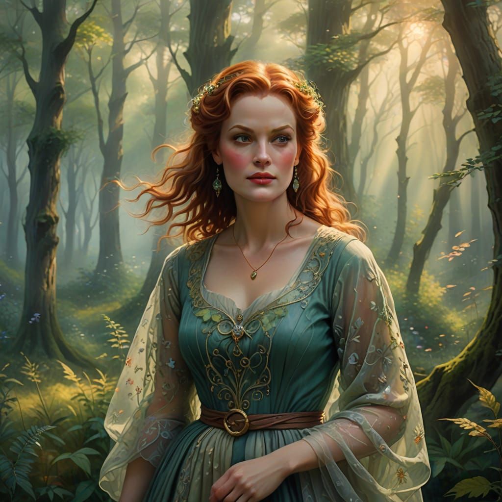 Ethereal Maureen O'Hara in Mystical Forest Glade