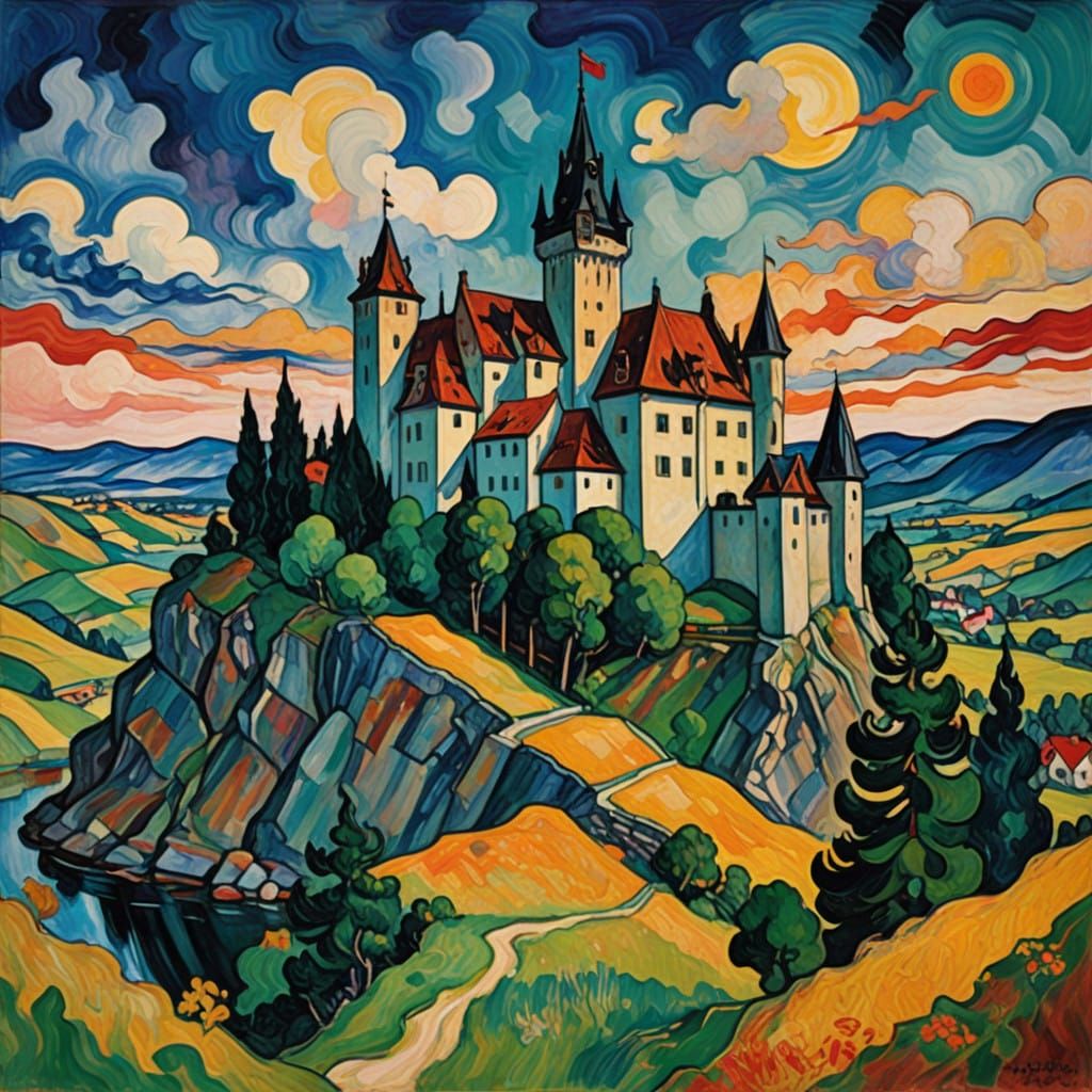 Medieval Castle Scene in Neo-Expressionist Oil Painting Styl...