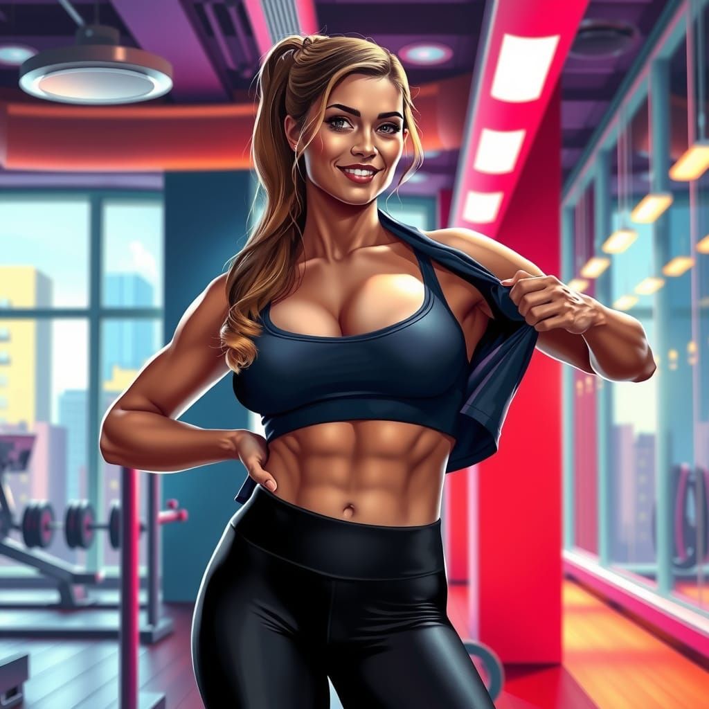 Female Bodybuilder Flexing Abs in Vibrant, Dynamic Style