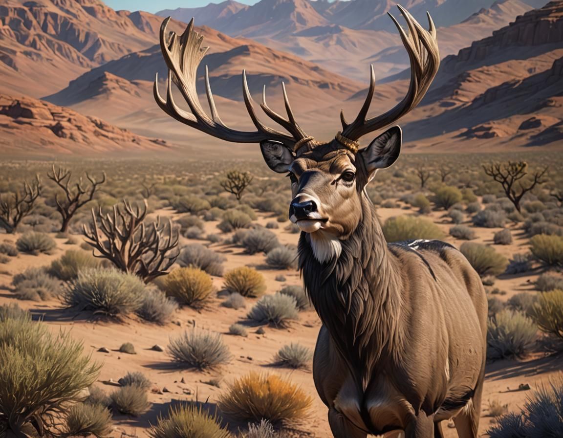 Mule Deer Portrait in Desert, Detailed Digital Art