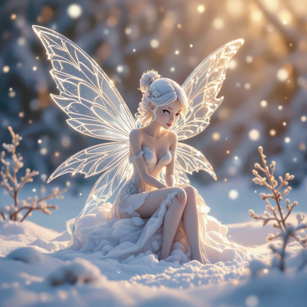 Delicate Fairy Ice Sculpture in Winter Wonderland