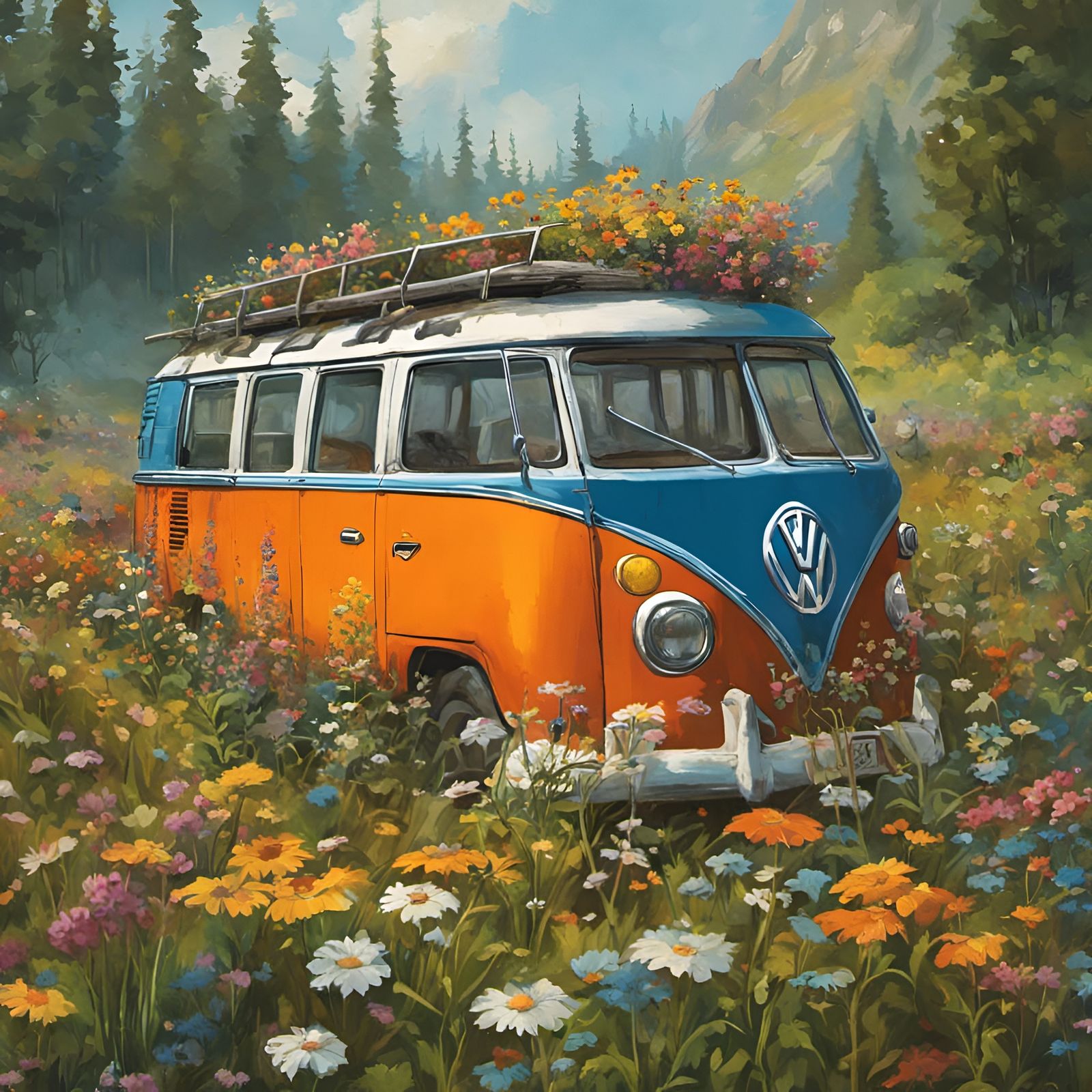 Flower-Power VW Bus Wreck in Wildflower Field