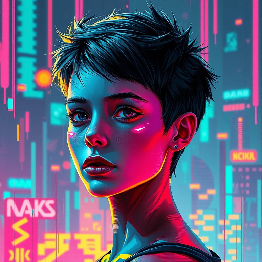 Glitch Art Portrait in Futuristic Style