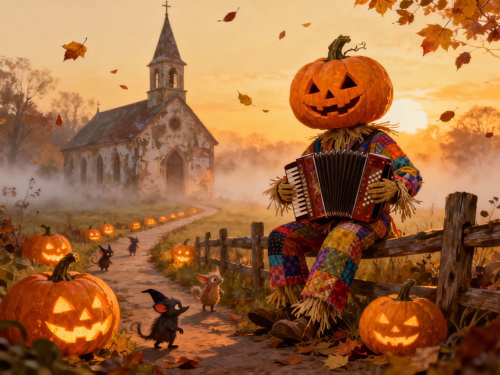 Whimsical Pumpkin Scarecrow Plays Accordion in Autumn Sunset