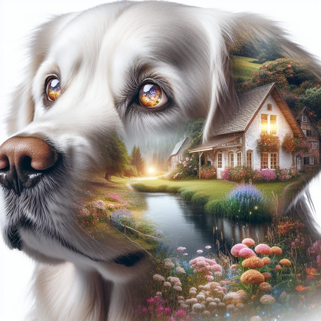 Golden Retriever Double Exposure: Lakeside Cottage Dream