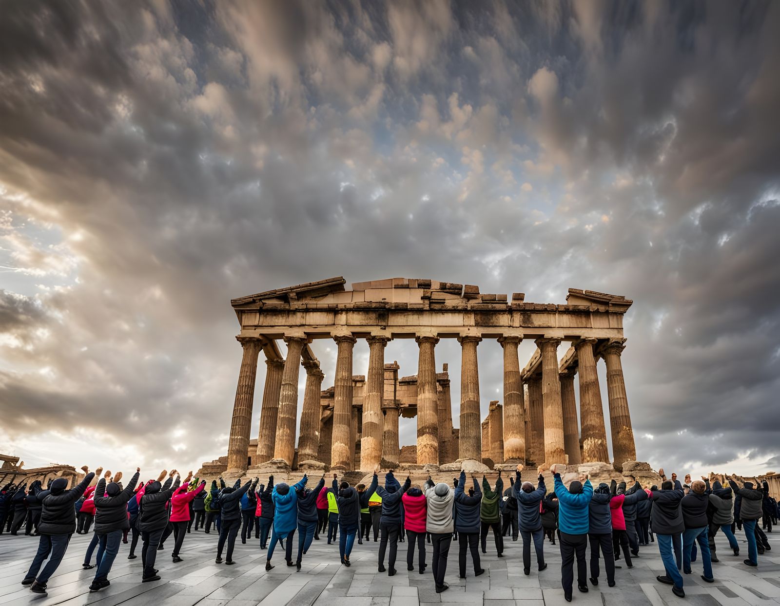 Crowd Protesting Before Greek Columns in Daylight