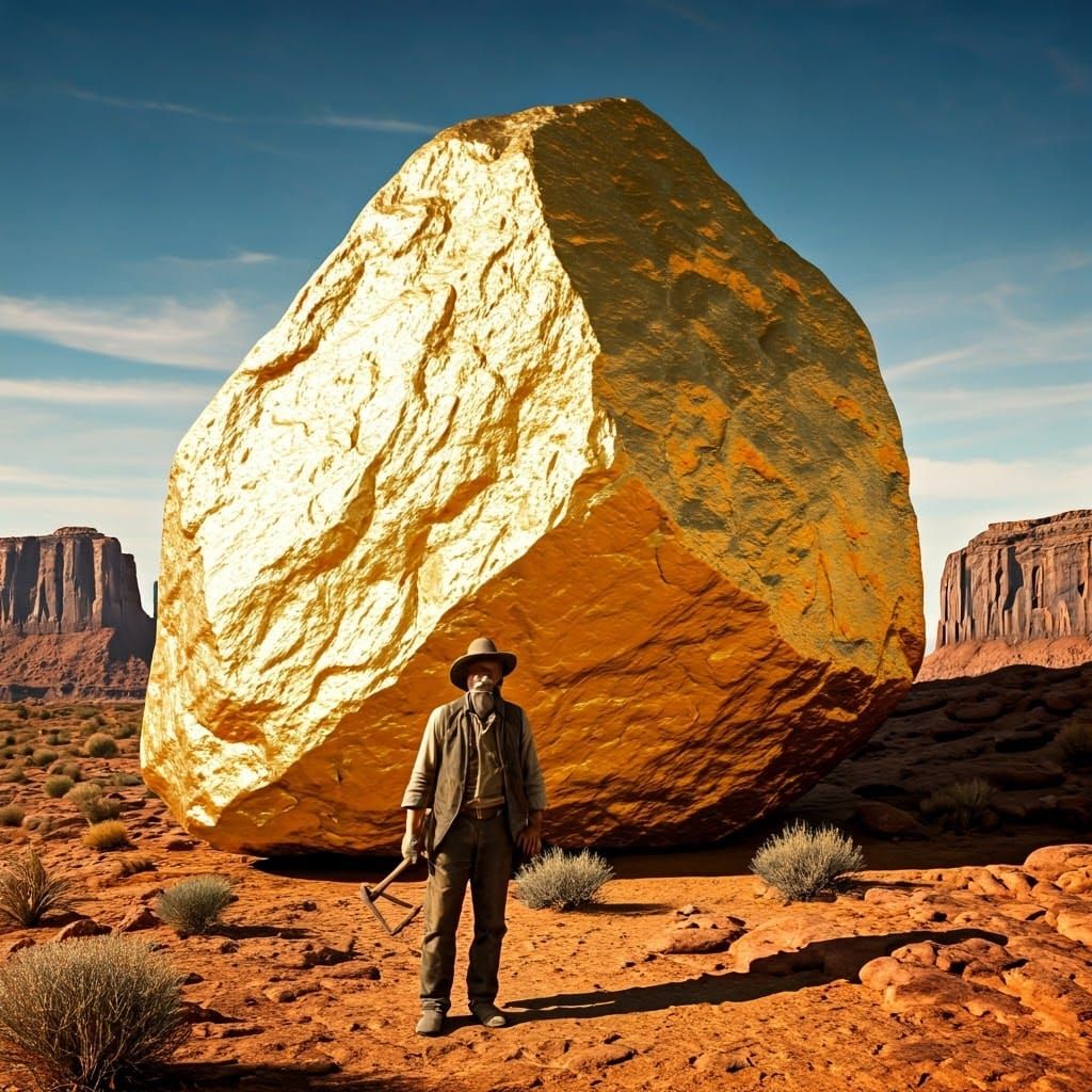 Raw Gold Boulder Dominates 1850s Prospector Landscape in Ame...
