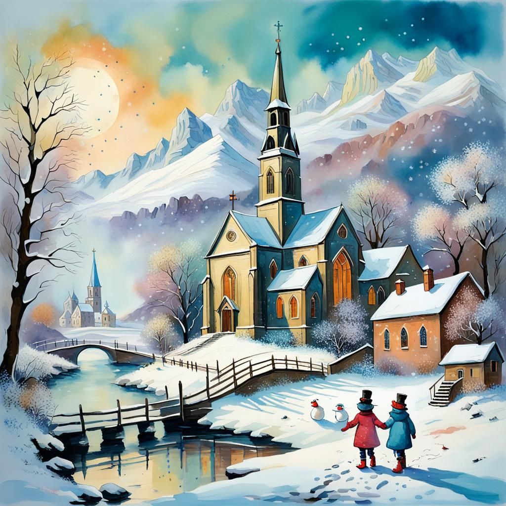 Winter Storybook Scene in Watercolor Style