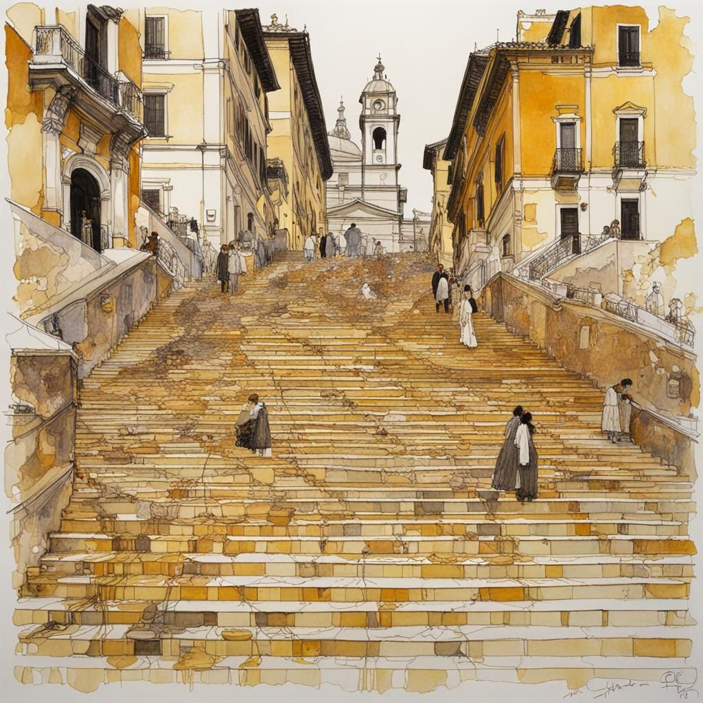 Spanish Steps: Geometric Gilded Pen and Ink Drawing