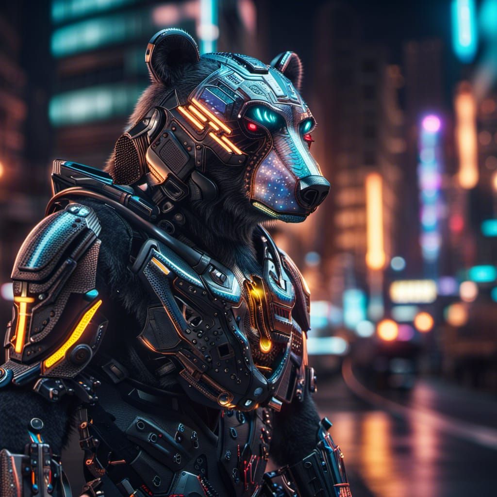 Cyborg Bear Portrait in Neon Cityscape