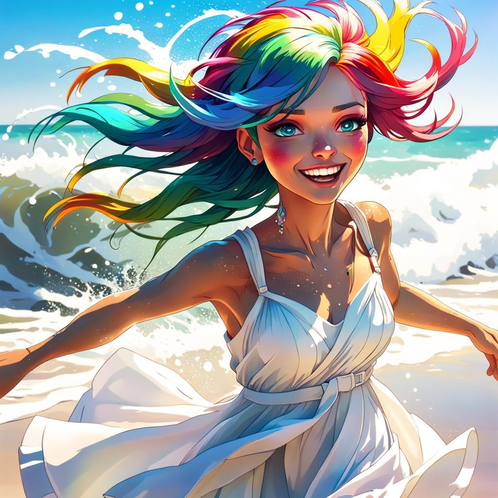 Rainbow Haired Girl Runs on Beach, Hyperdetailed Art