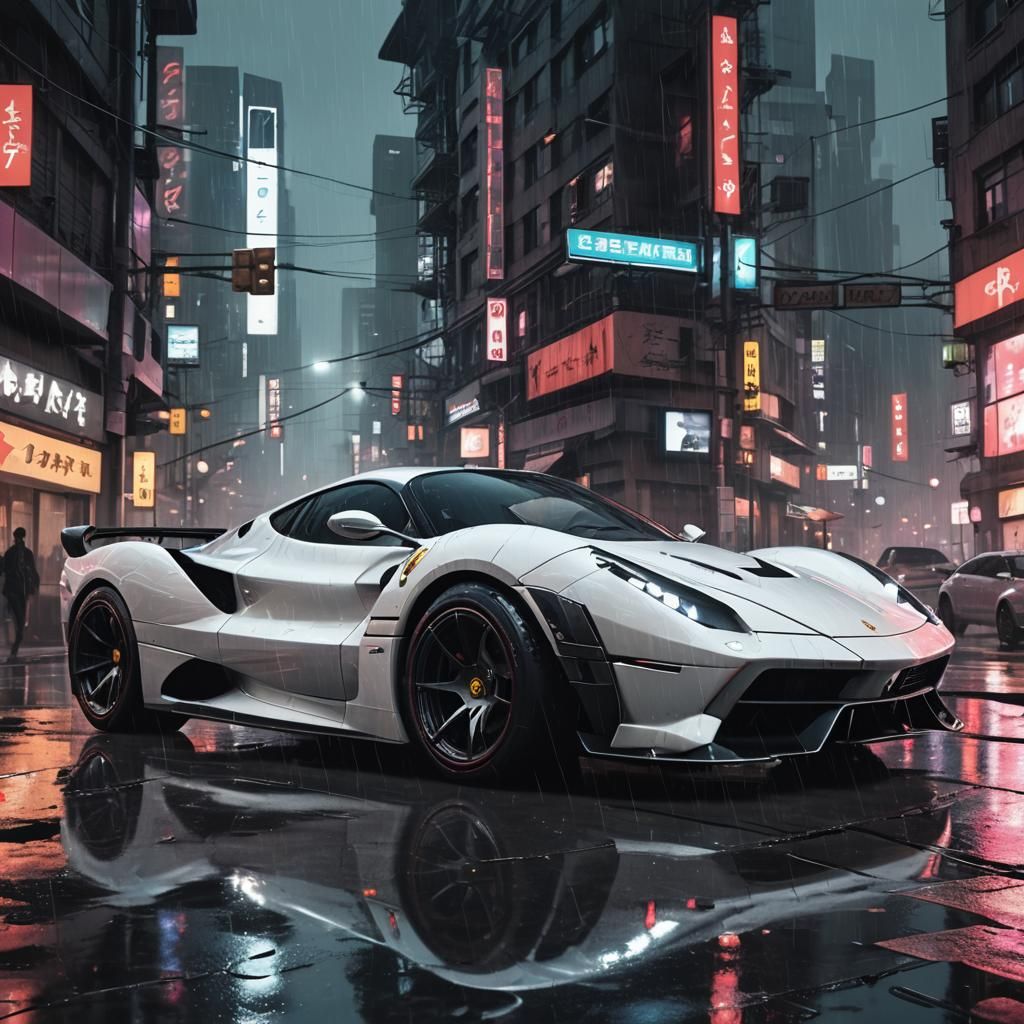 Futuristic White Ferrari Testa Rossa in Cyberpunk City