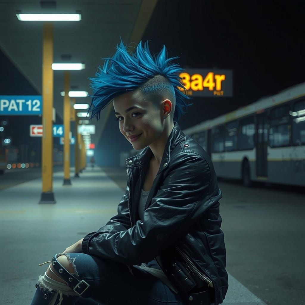 Rebellious Punk Girl at a Gritty Bus Station
