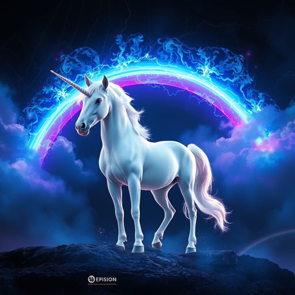 Majestic White Unicorn Under Vibrant Black Rainbow