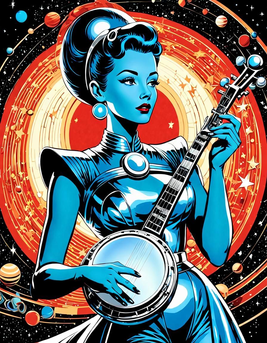 Retrofuturistic Space Woman Banjo Player in Vector Art