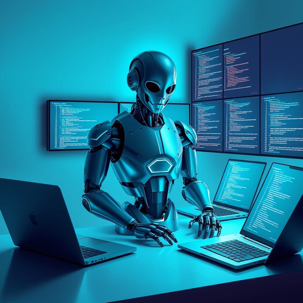 Futuristic Robotic Figure in Calm Coding Environment