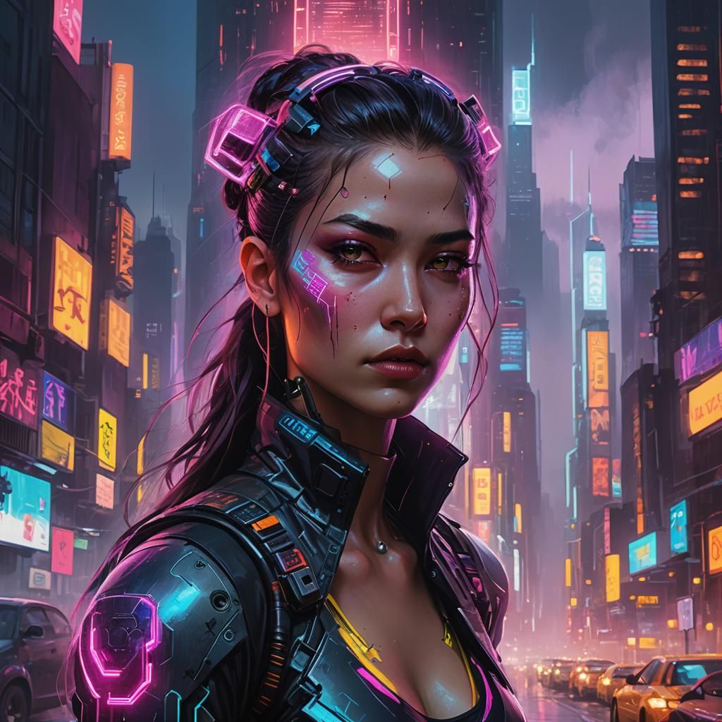 Cyberpunk Cyborg Painting a Futuristic Cityscape