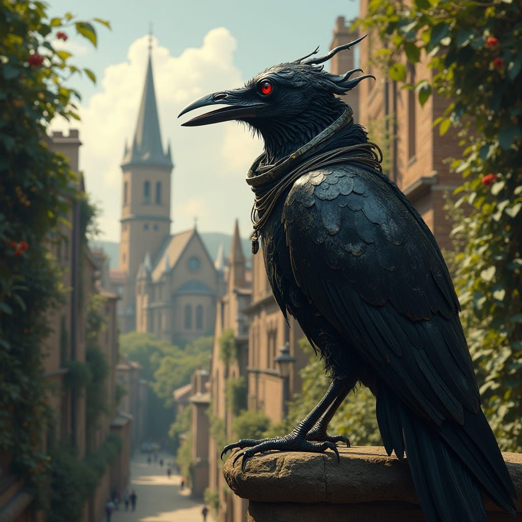 Cyborg Raven on Solarpunk Cathedral, Renaissance Style