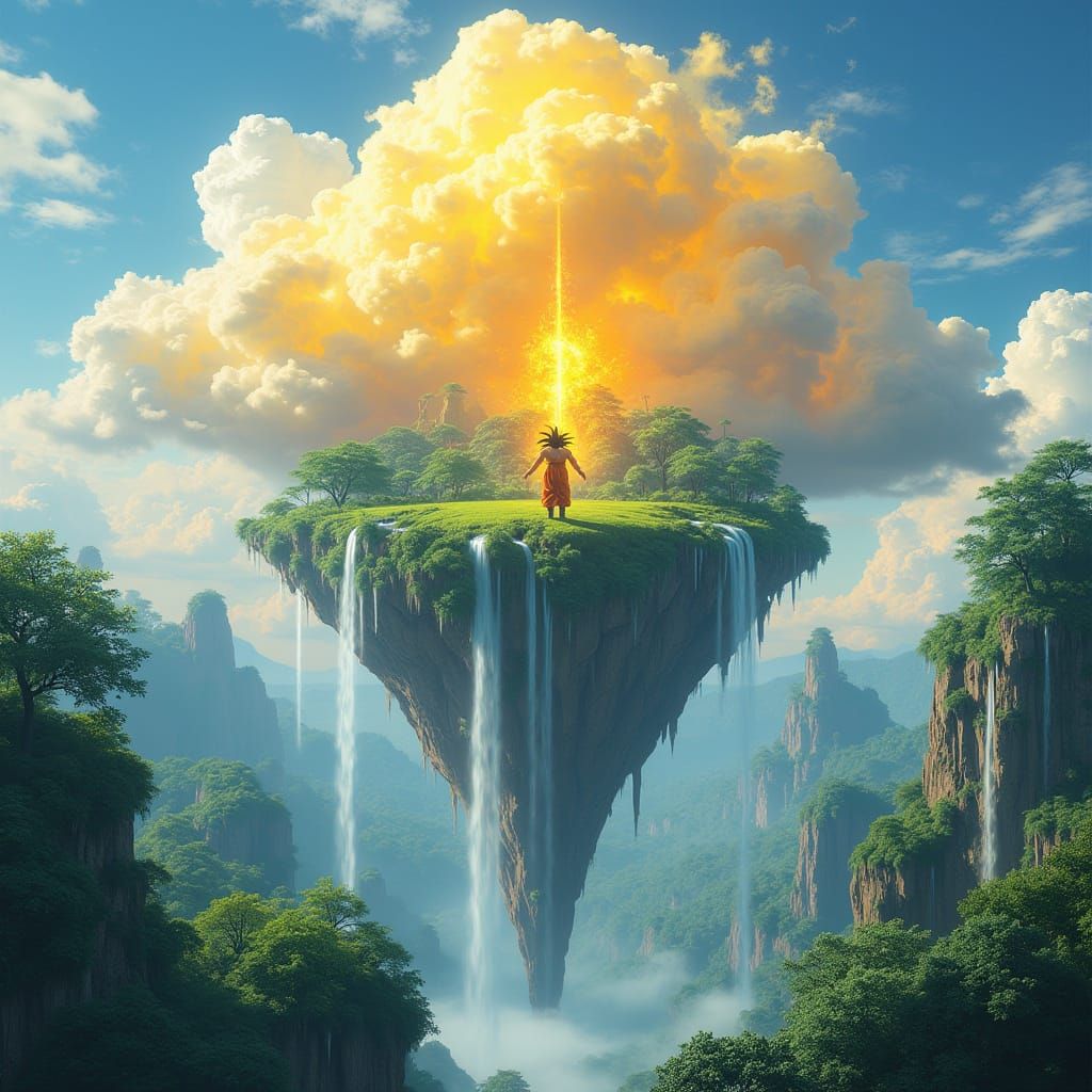 Goku on Flying Nimbus over Floating Island