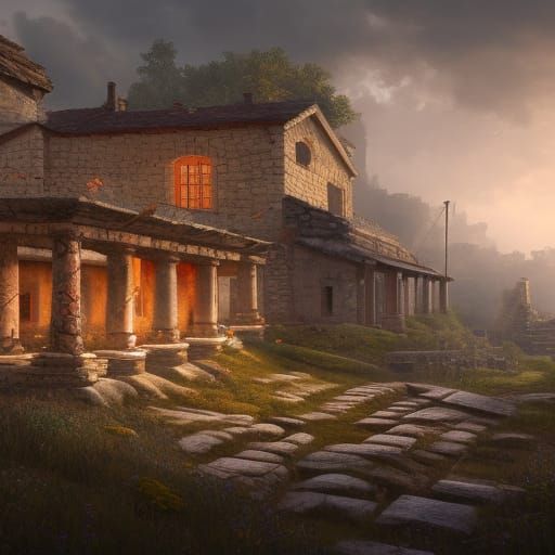Ruined Roman Camp in Fantasy Concept Art Style