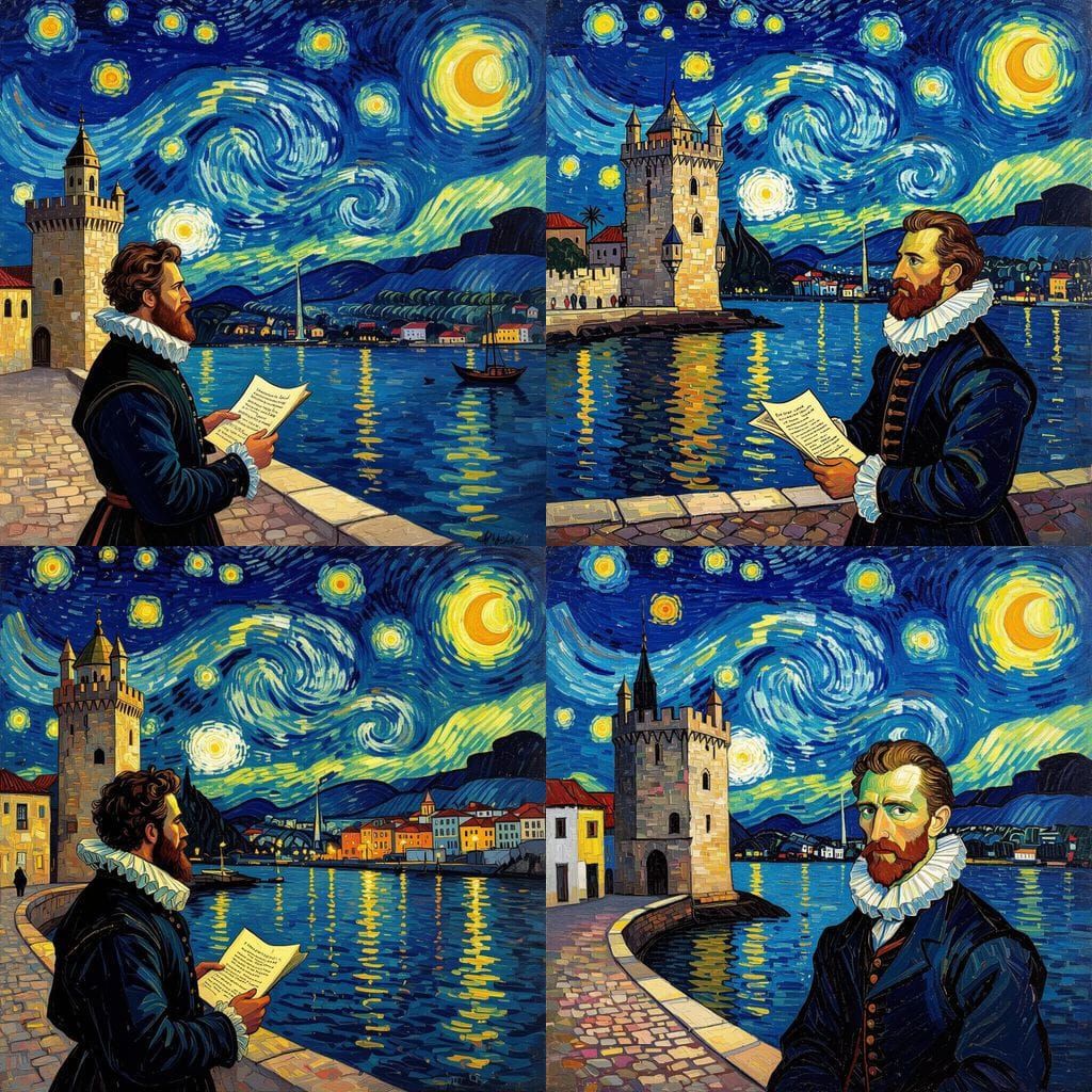 Lisbon Night Scene in Van Gogh Style by River Tagus