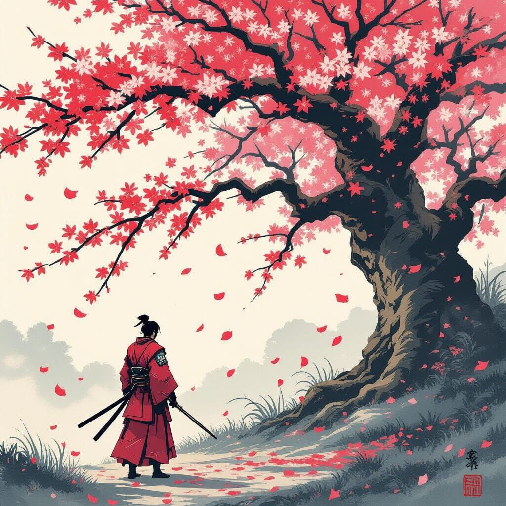Samurai Under Ancient Cherry Tree Ukiyo-e Style