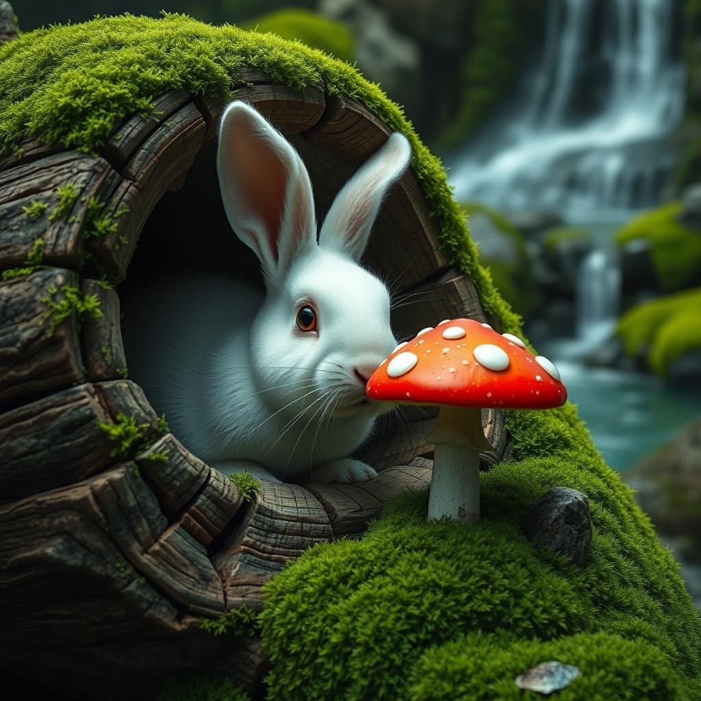 Wise Rabbit Emerges from Mossy Log in Enchanted Forest