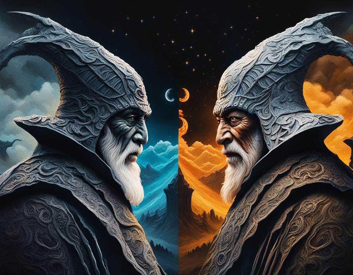 White Wizard vs Black Wizard in Detailed Gouache