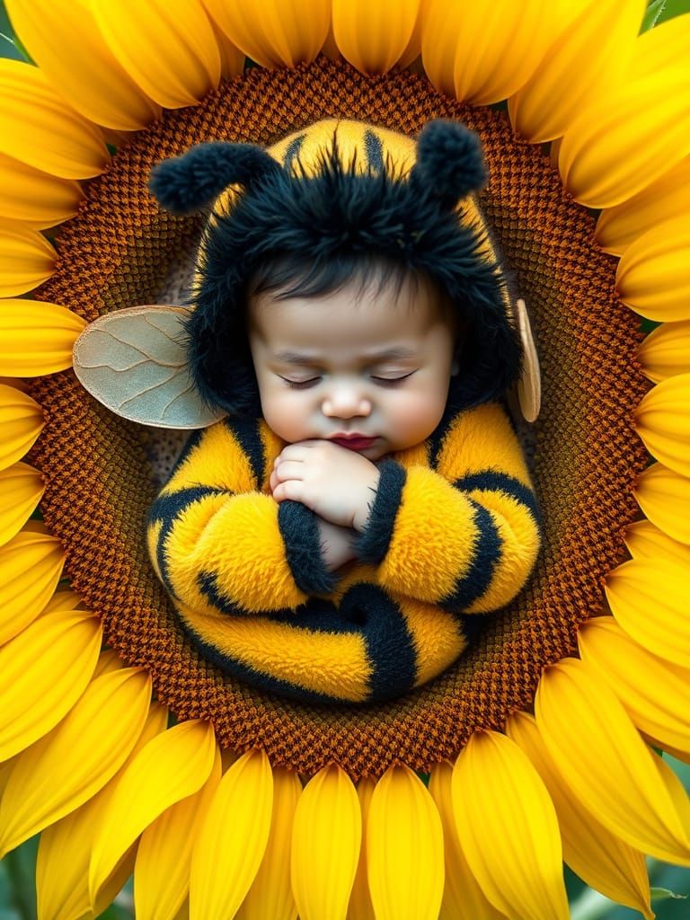 Toddler as Bumblebee in Sunflower, Anne Geddes Style